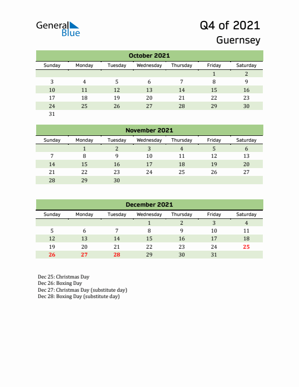 Quarterly Calendar 2021 with Guernsey Holidays