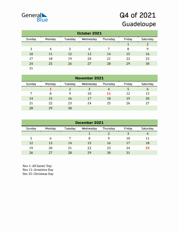 Quarterly Calendar 2021 with Guadeloupe Holidays