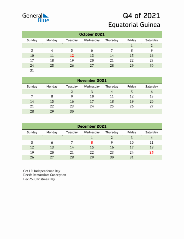 Quarterly Calendar 2021 with Equatorial Guinea Holidays