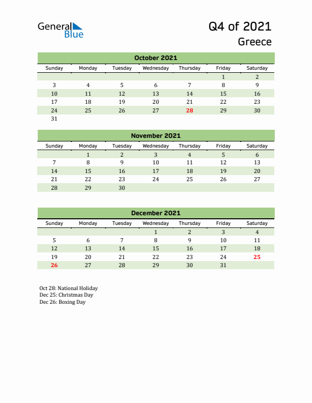 Quarterly Calendar 2021 with Greece Holidays