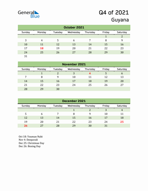 Quarterly Calendar 2021 with Guyana Holidays