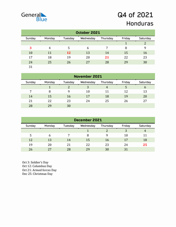 Quarterly Calendar 2021 with Honduras Holidays