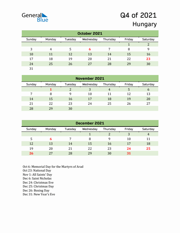 Quarterly Calendar 2021 with Hungary Holidays