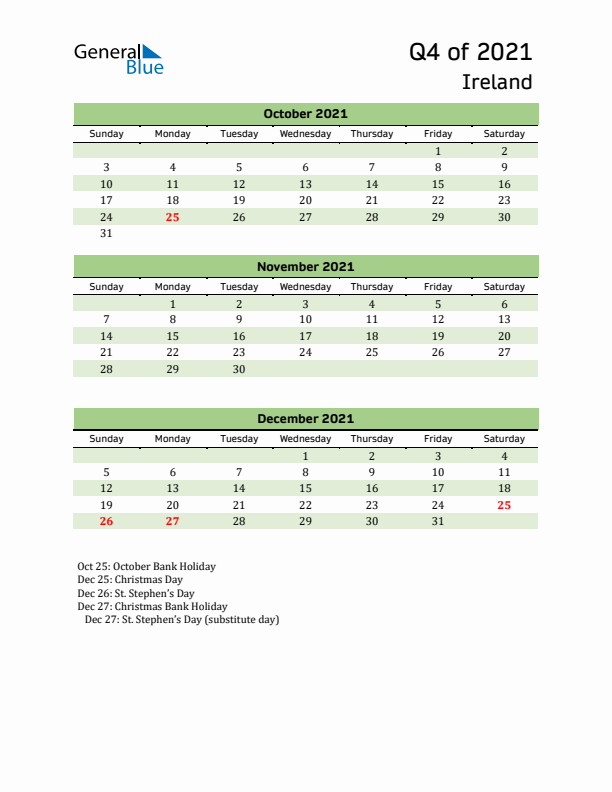 Quarterly Calendar 2021 with Ireland Holidays