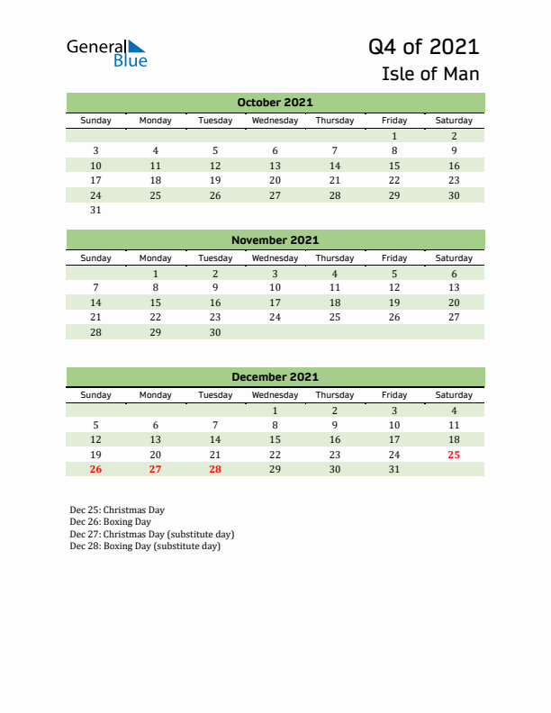 Quarterly Calendar 2021 with Isle of Man Holidays