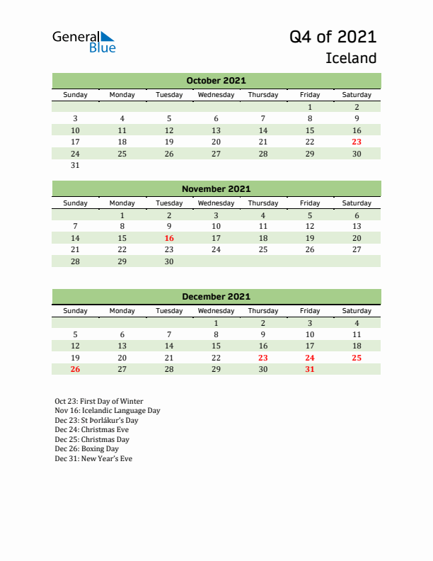 Quarterly Calendar 2021 with Iceland Holidays