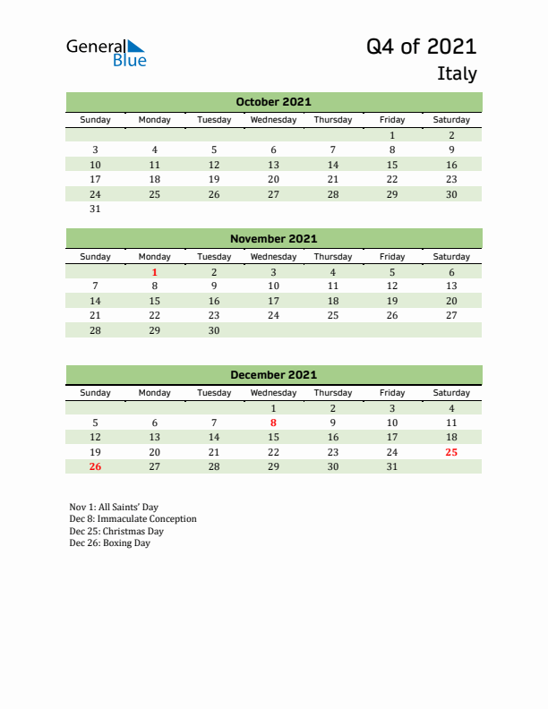 Quarterly Calendar 2021 with Italy Holidays