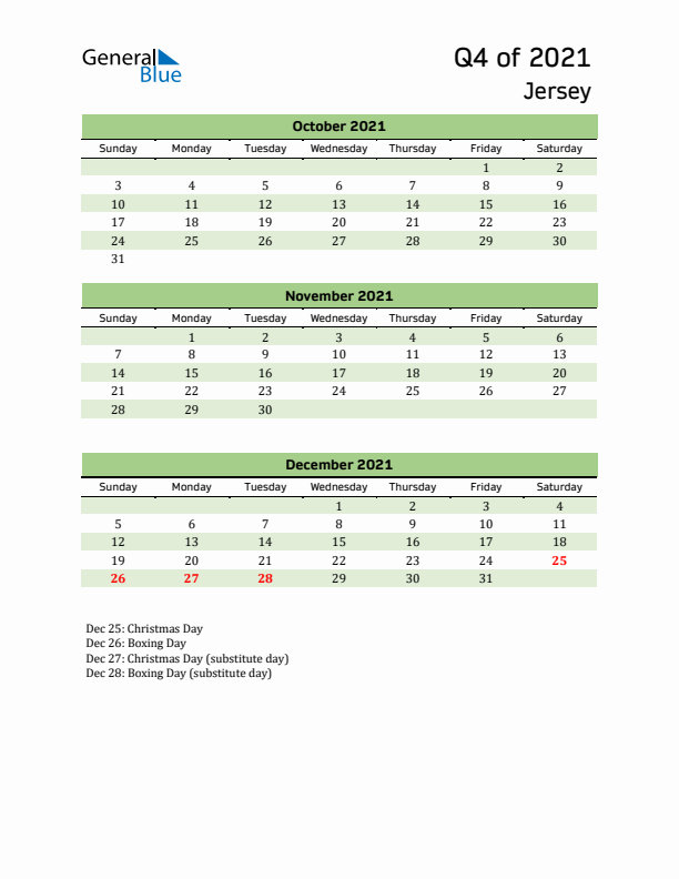 Quarterly Calendar 2021 with Jersey Holidays