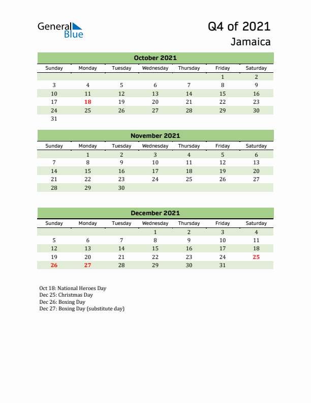 Quarterly Calendar 2021 with Jamaica Holidays