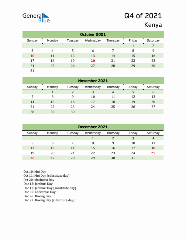 Quarterly Calendar 2021 with Kenya Holidays