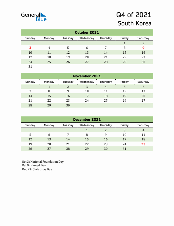 Quarterly Calendar 2021 with South Korea Holidays