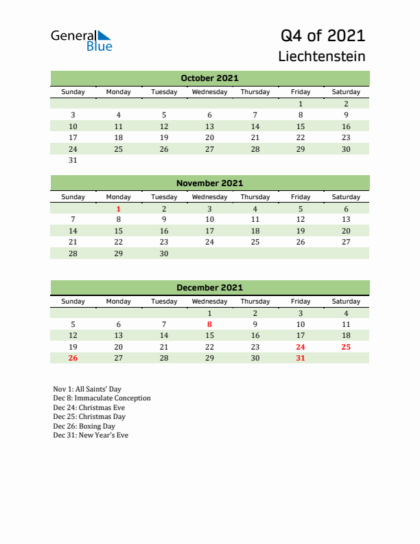 Quarterly Calendar 2021 with Liechtenstein Holidays