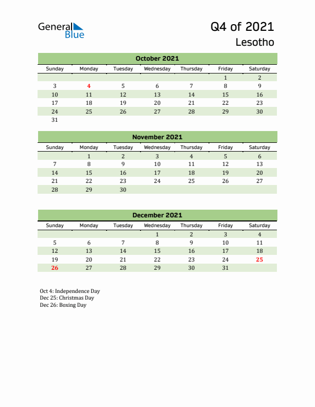 Quarterly Calendar 2021 with Lesotho Holidays