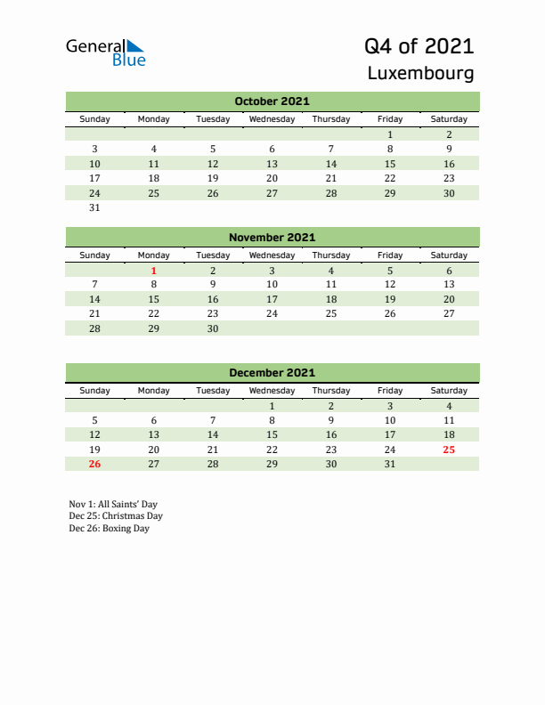 Quarterly Calendar 2021 with Luxembourg Holidays