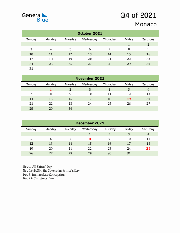 Quarterly Calendar 2021 with Monaco Holidays