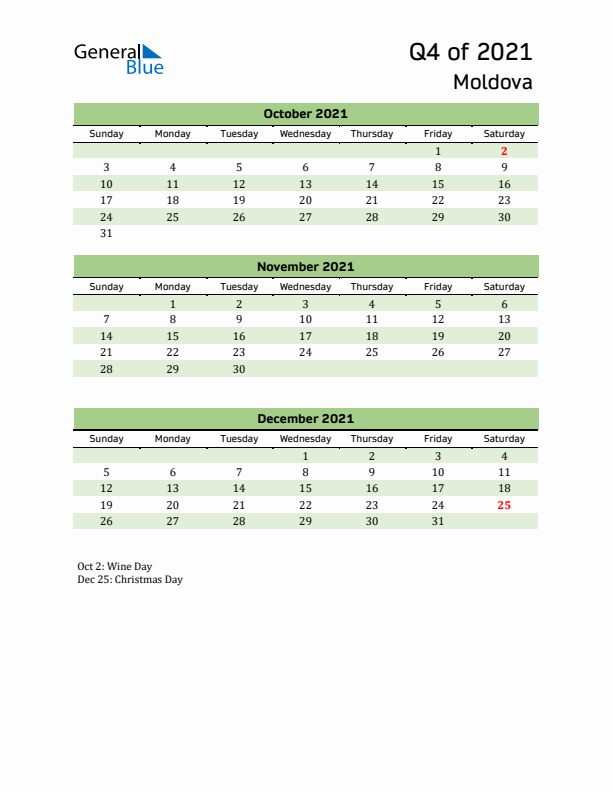 Quarterly Calendar 2021 with Moldova Holidays