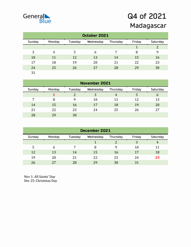 Quarterly Calendar 2021 with Madagascar Holidays