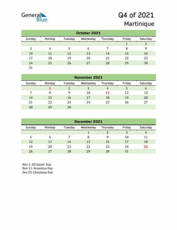 Quarterly Calendar 2021 with Martinique Holidays