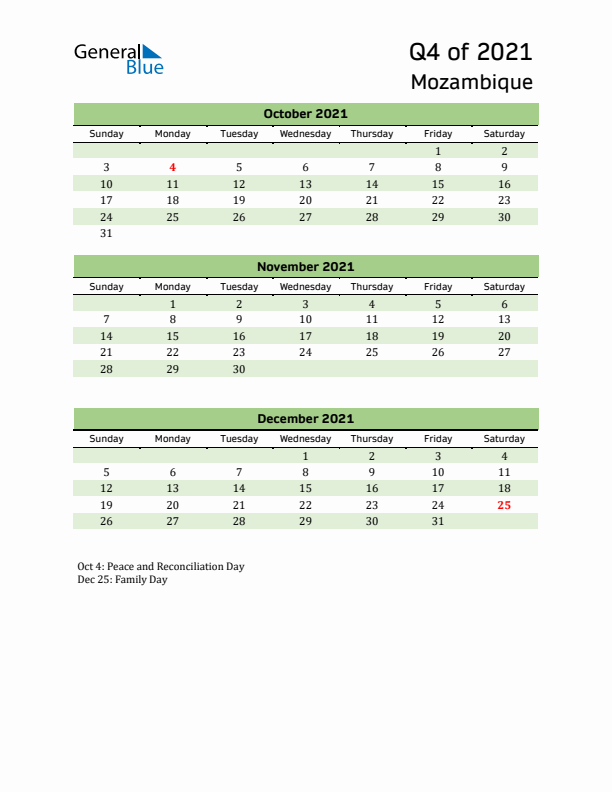 Quarterly Calendar 2021 with Mozambique Holidays