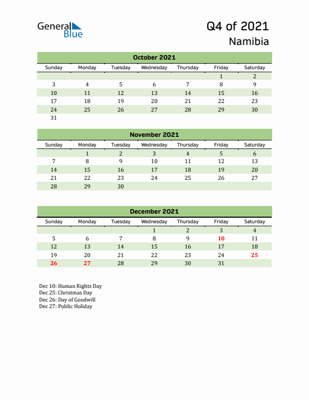 Quarterly Calendar 2021 with Namibia Holidays