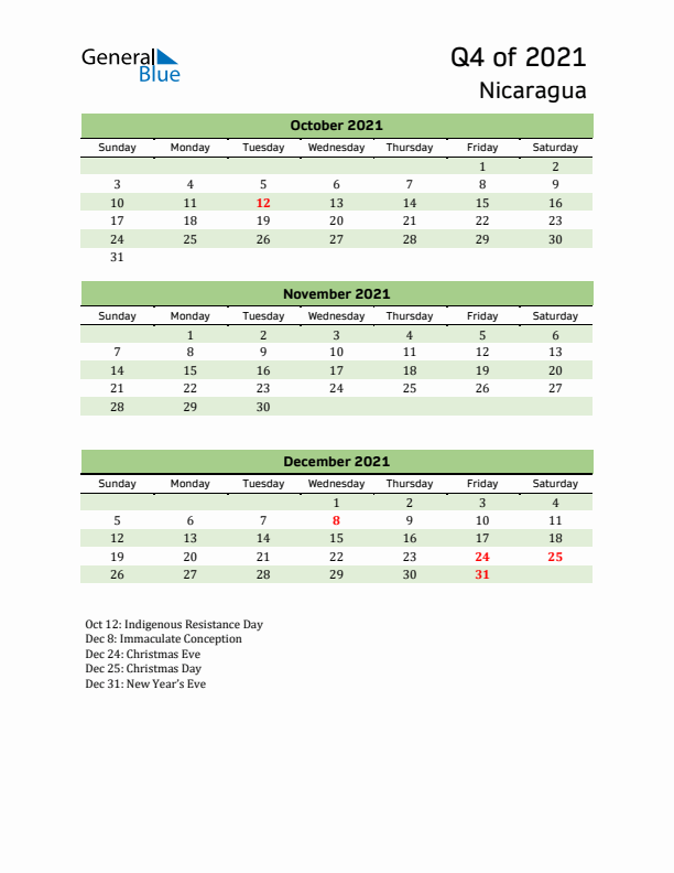 Quarterly Calendar 2021 with Nicaragua Holidays