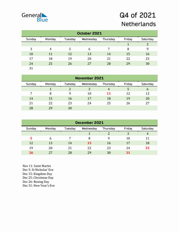 Quarterly Calendar 2021 with The Netherlands Holidays