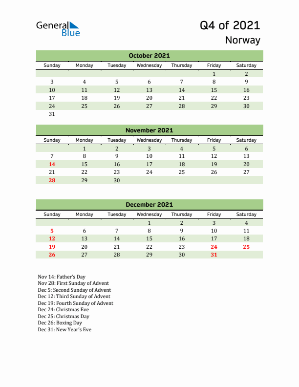 Quarterly Calendar 2021 with Norway Holidays