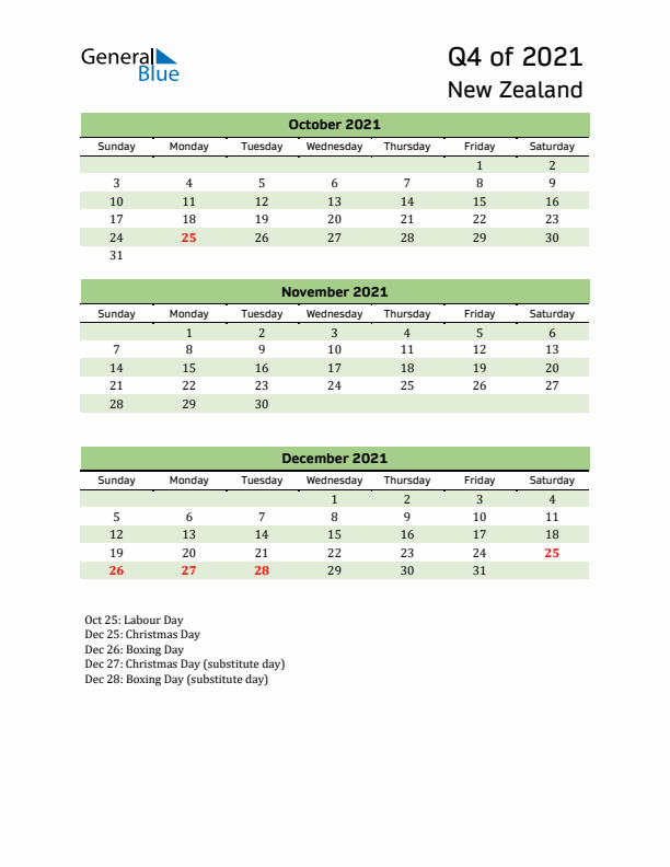 Quarterly Calendar 2021 with New Zealand Holidays