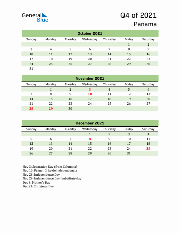 Quarterly Calendar 2021 with Panama Holidays