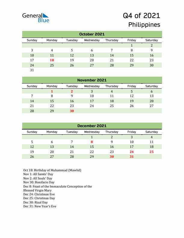 Quarterly Calendar 2021 with Philippines Holidays