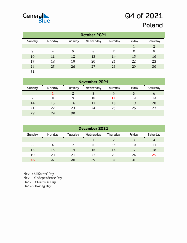 Quarterly Calendar 2021 with Poland Holidays