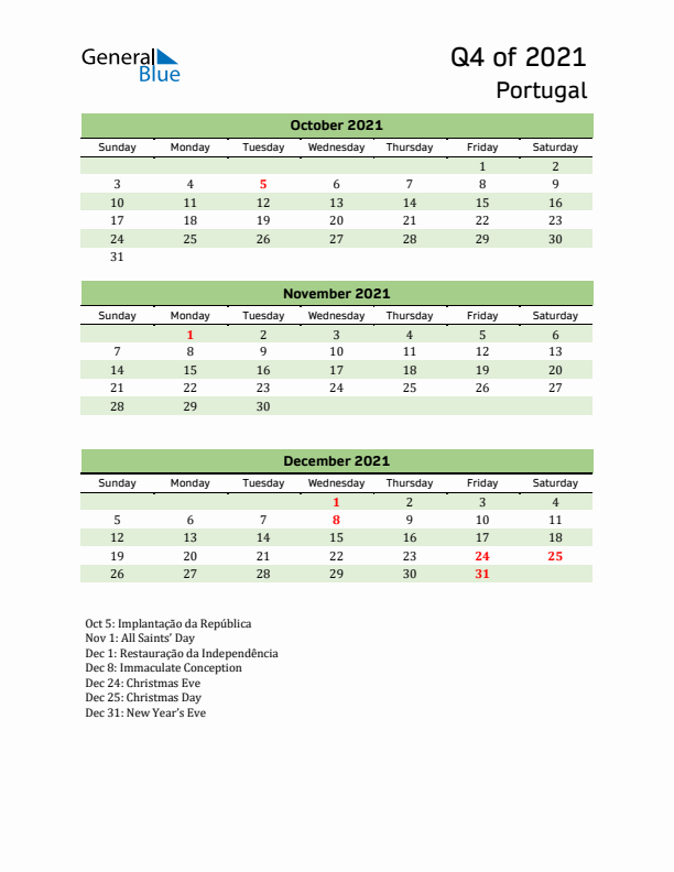 Quarterly Calendar 2021 with Portugal Holidays