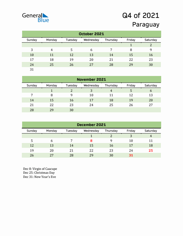 Quarterly Calendar 2021 with Paraguay Holidays