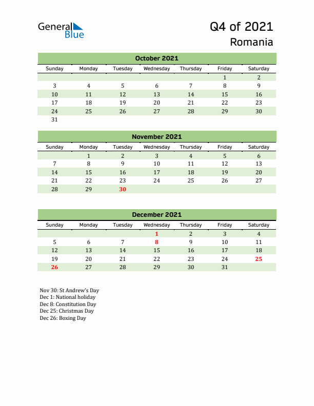 Quarterly Calendar 2021 with Romania Holidays