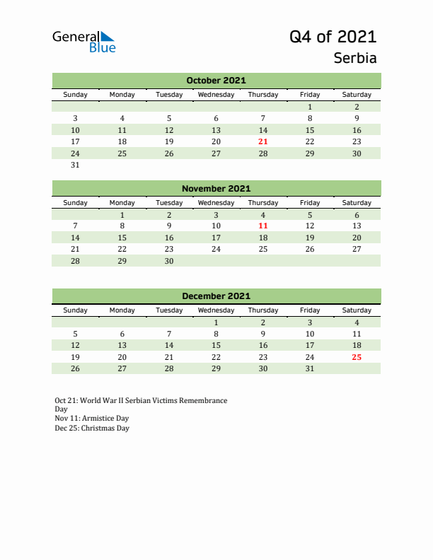 Quarterly Calendar 2021 with Serbia Holidays