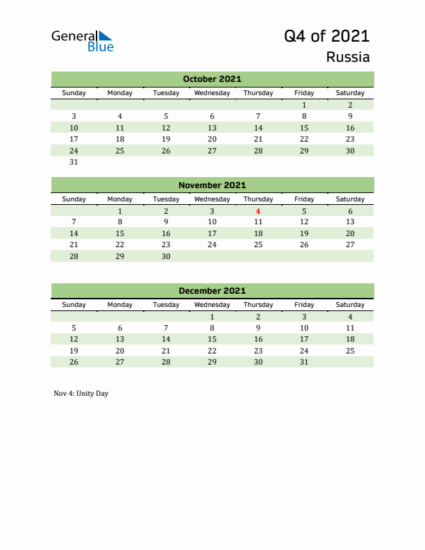 Quarterly Calendar 2021 with Russia Holidays