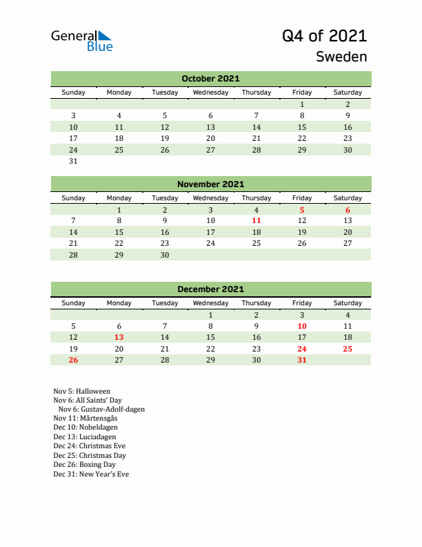 Quarterly Calendar 2021 with Sweden Holidays