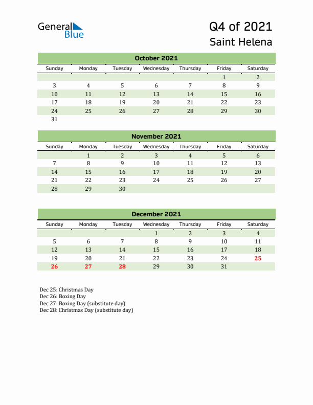 Quarterly Calendar 2021 with Saint Helena Holidays