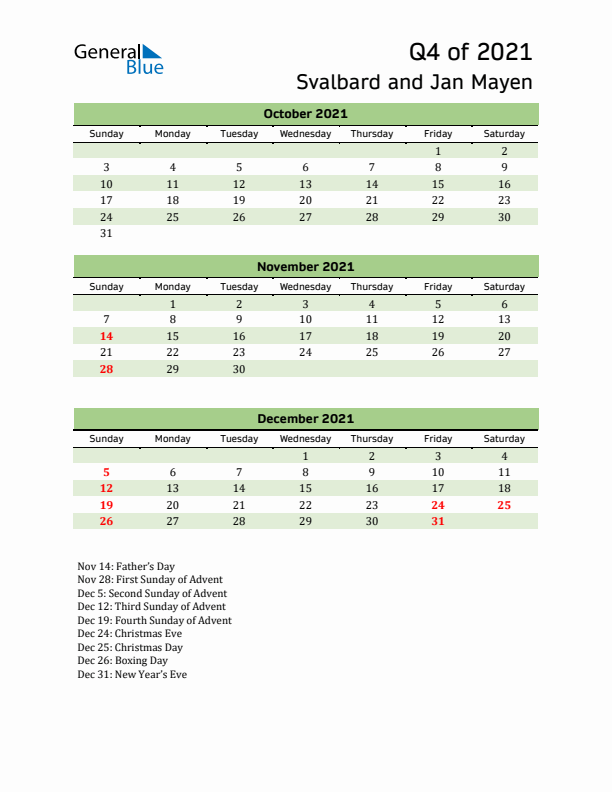 Quarterly Calendar 2021 with Svalbard and Jan Mayen Holidays