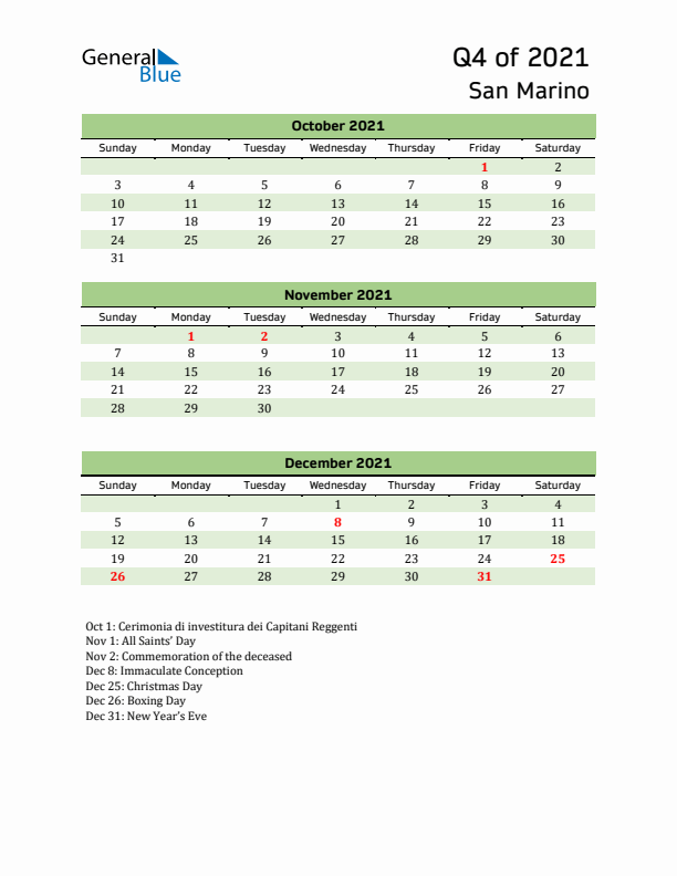 Quarterly Calendar 2021 with San Marino Holidays