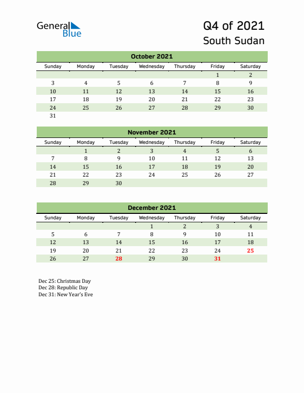 Quarterly Calendar 2021 with South Sudan Holidays