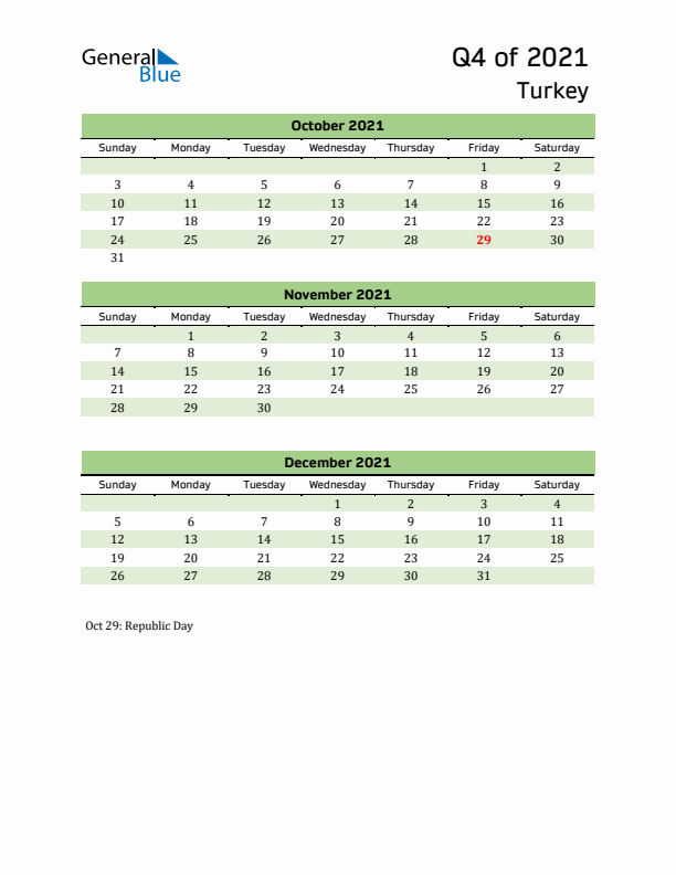 Quarterly Calendar 2021 with Turkey Holidays