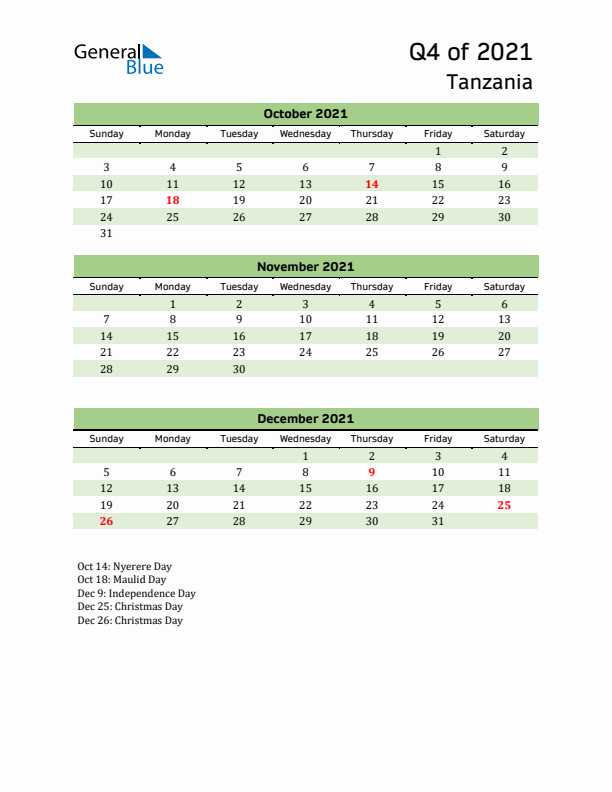 Quarterly Calendar 2021 with Tanzania Holidays