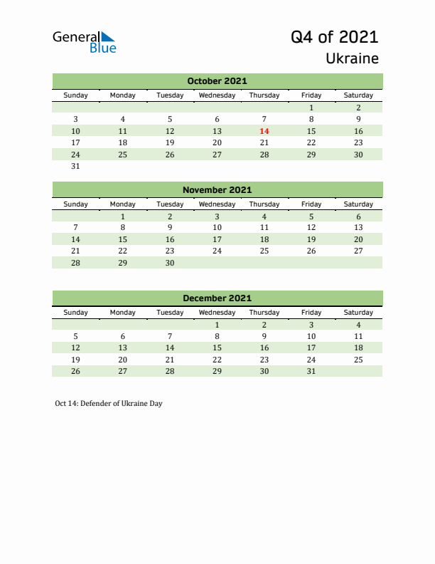 Quarterly Calendar 2021 with Ukraine Holidays