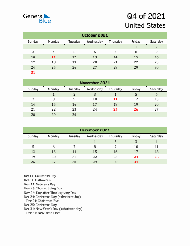 Quarterly Calendar 2021 with United States Holidays