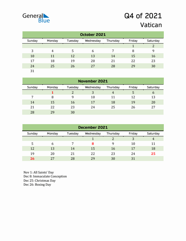 Quarterly Calendar 2021 with Vatican Holidays