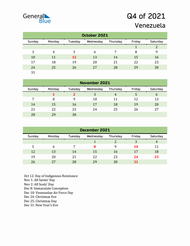 Quarterly Calendar 2021 with Venezuela Holidays