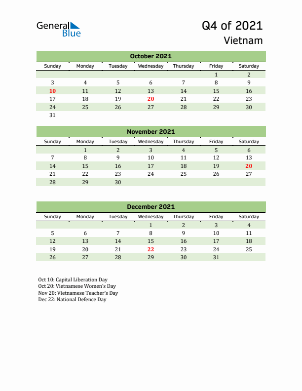 Quarterly Calendar 2021 with Vietnam Holidays