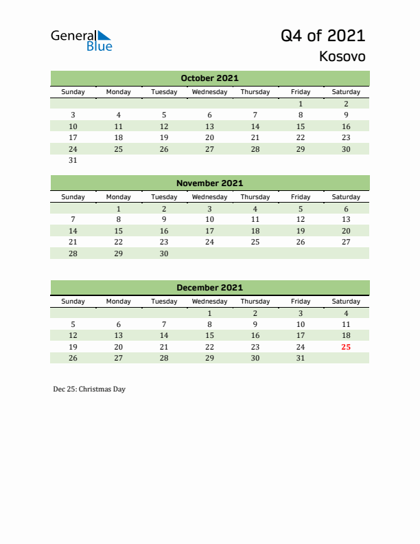 Quarterly Calendar 2021 with Kosovo Holidays