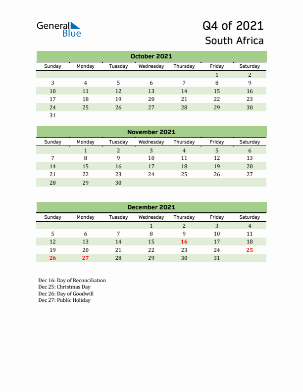 Quarterly Calendar 2021 with South Africa Holidays